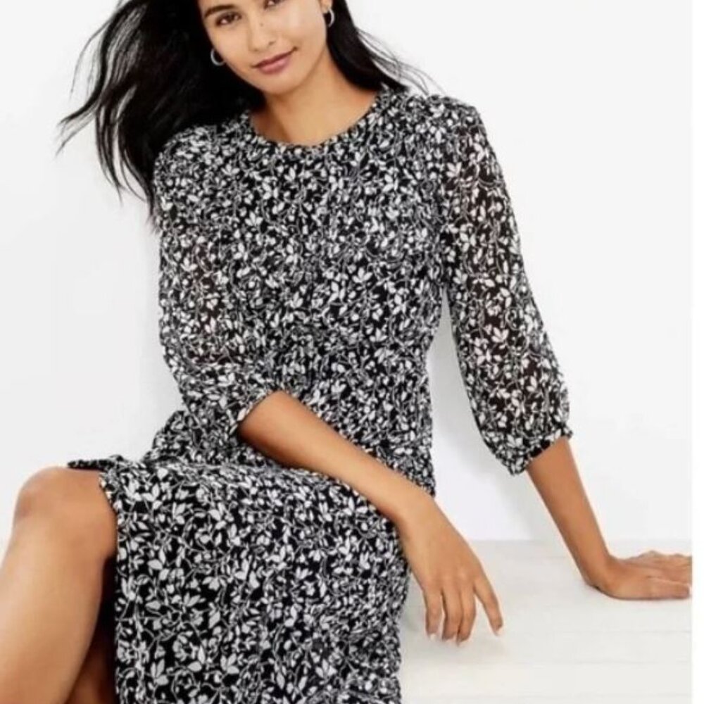 NWT Loft Women’s Black & White Floral Chiffon Lined Maxi Ruffle Dress Size XS